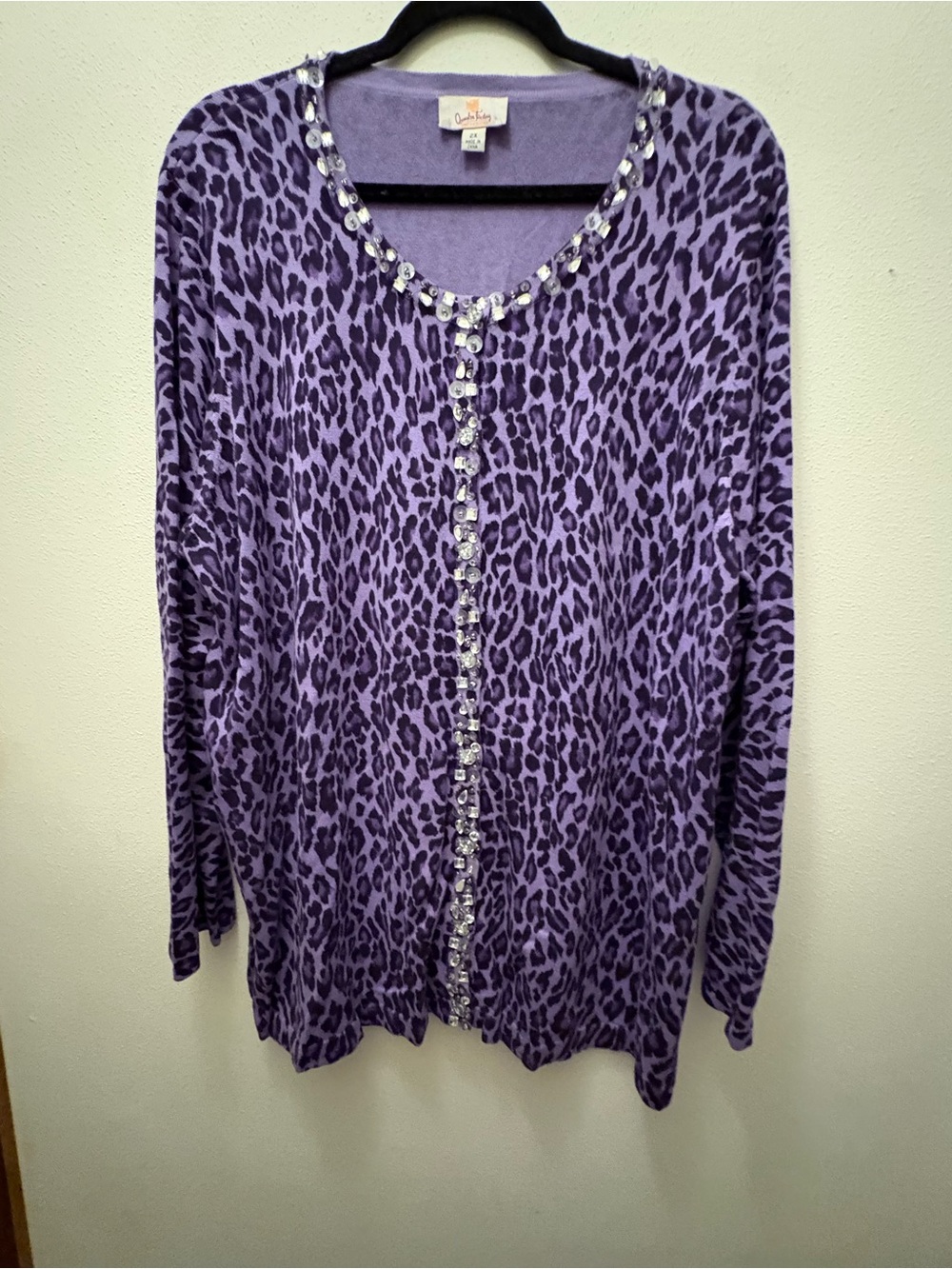 Chaus Purple Leopard-Print Embellished Cardigan